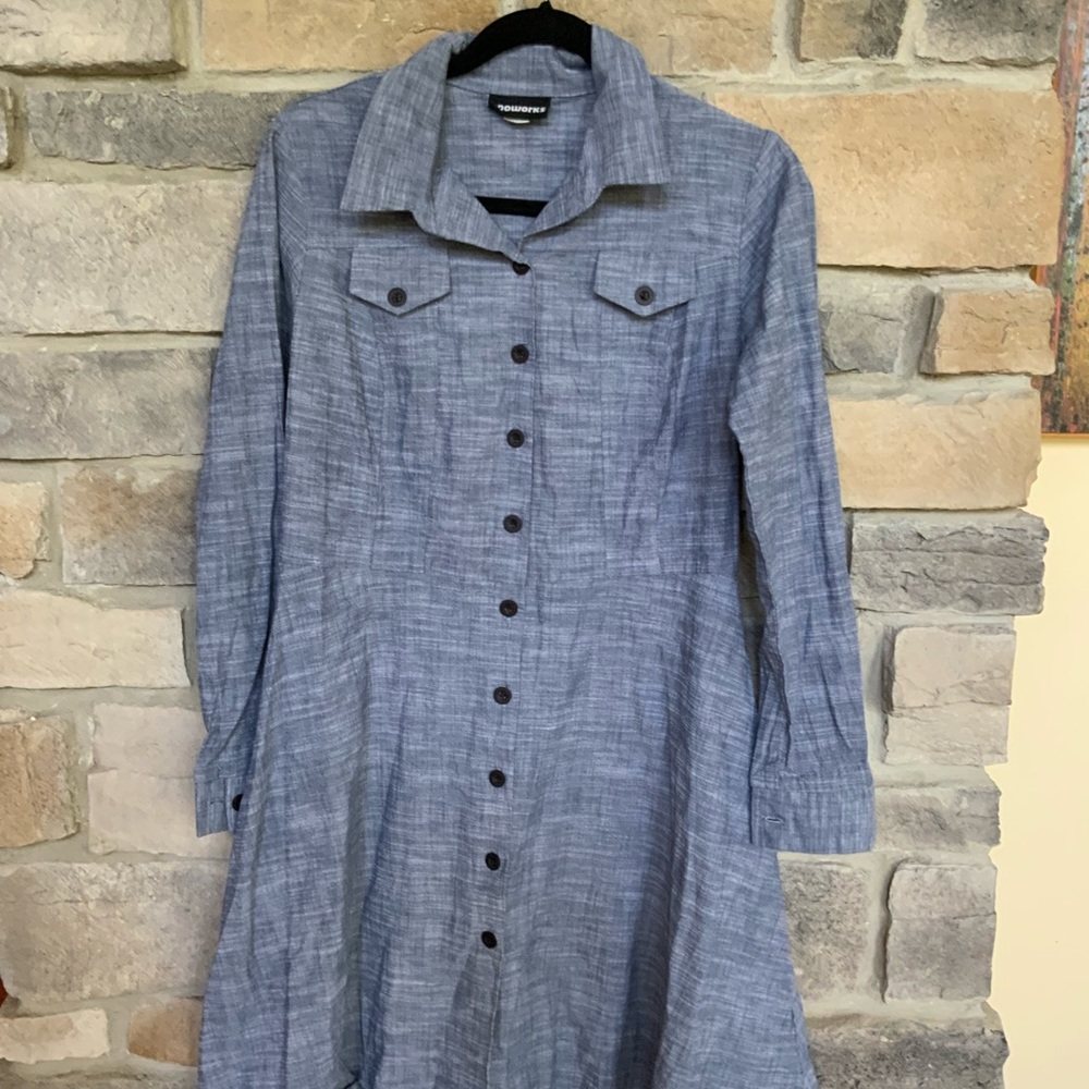 SOLD Nooworks Blue Gray Button Front Long Sleeve Dress
